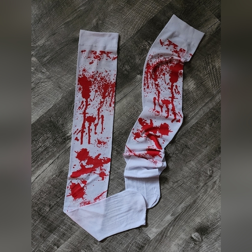 Women's Teal Nurse Halloween Costume with Blood Stains - Picture 9 of 9